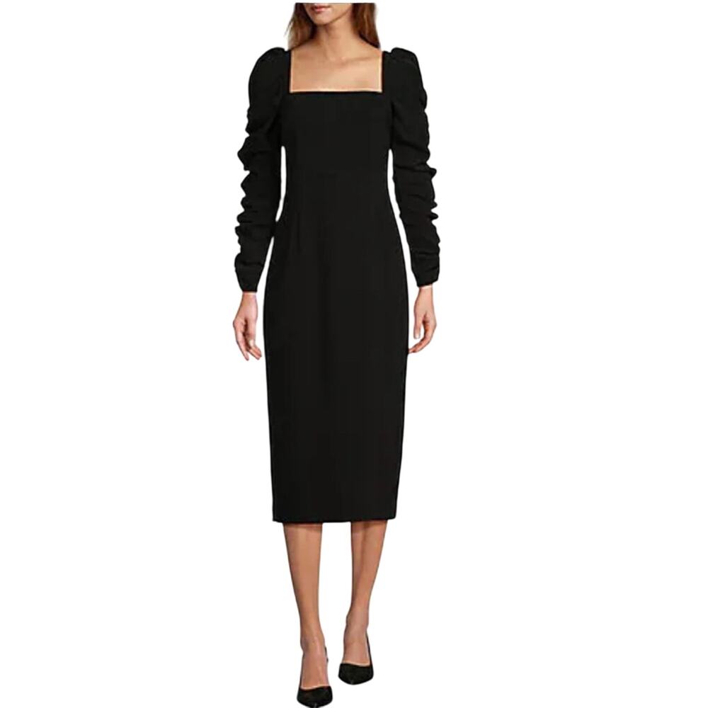 Antonio Melani $250 Elena Crepe Square Neck Ruched Sleeve Midi Black Dress 0